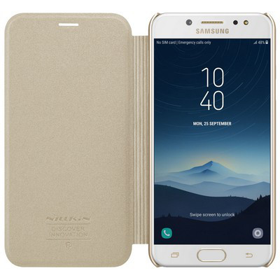 Полиуретановый чехол книга Nillkin Sparkle Leather Case Gold (Золотой) для Samsung Galaxy C8\ J7 Plus - фото 3 - id-p73782457