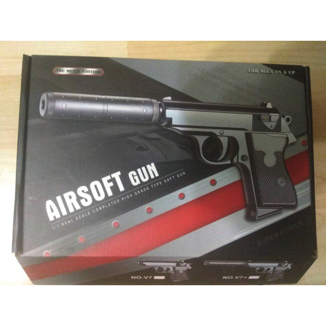 Игрушечный пневматический металлический пистолет с глушителем Airsoft Gun V7+