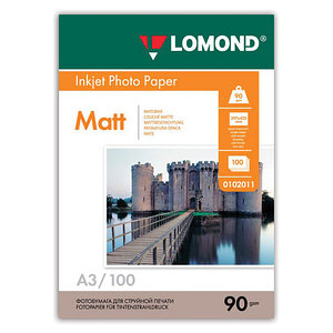 Фотобумага A3 (297x420) матовая односторонняя, 90 г/ м², 100 листов, Lomond, 0102011