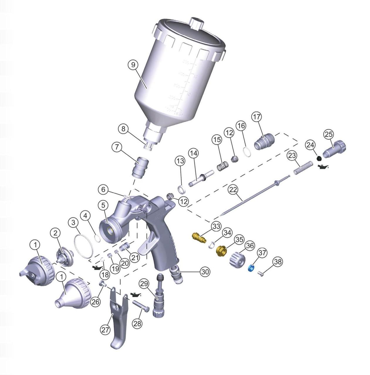 Durr EcoGun 116, пневм, бачок 600мл, голова AL, нерж сопло 1.6мм, 1/4 - фото 6 - id-p74033255