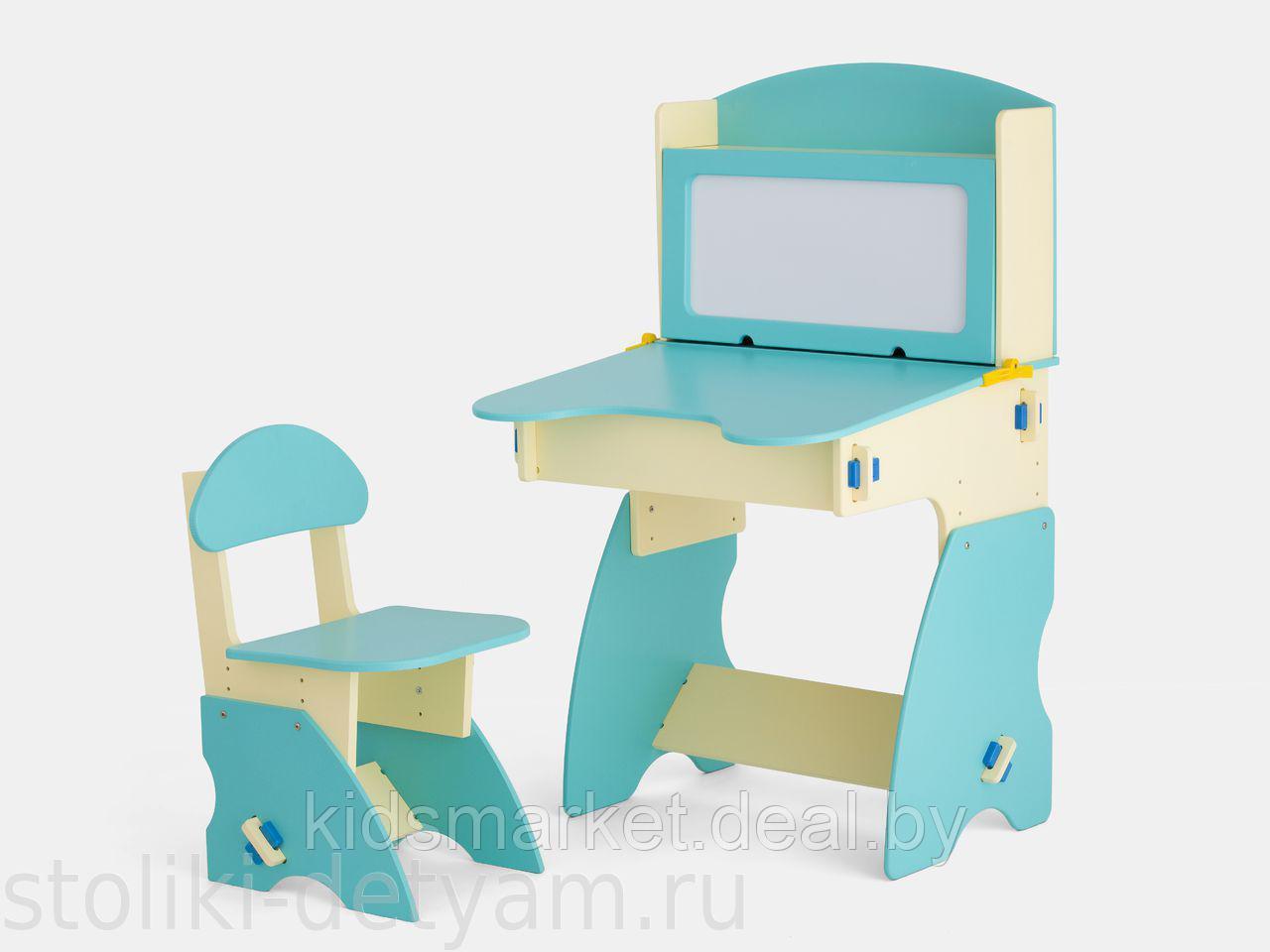 Детский столик с магнитной доской и стульчик бежево-бирюзовый - фото 1 - id-p74051481
