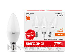 Лампа Gauss LED Elementary Candle 6W E14 2700K теплый белый свет  3/40 (3 лампы в упаковке)