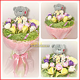 Букет из мягких игрушек, Р0111, розовый, 1 мишка и 11 цветков, фото 5