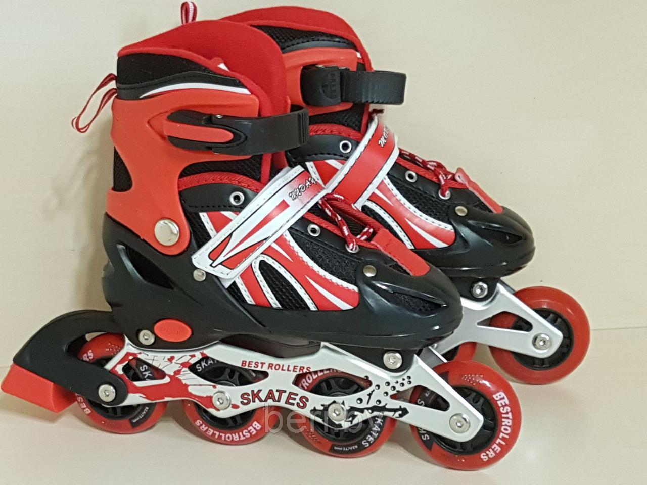Ролики, роликовые коньки детские раздвижные M размер 34-37, полиуретановые колеса, красные, фото 1
