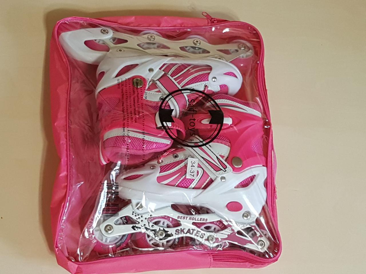 Ролики, роликовые коньки детские раздвижные M размер 34-37, полиуретановые колеса, розовые - фото 2 - id-p74676808