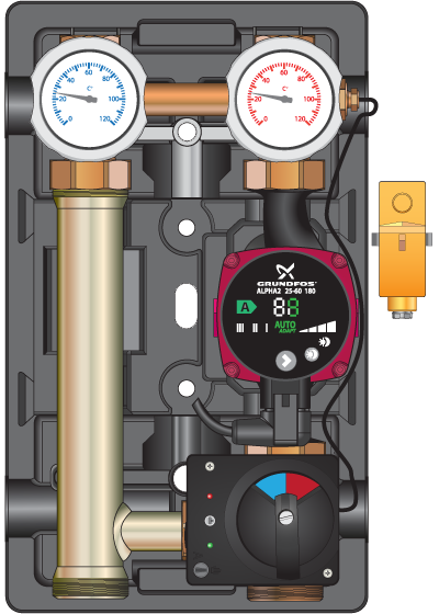 Насосная группа с термостатом 20-80С Meibes MTVЕ 1" с насосом Grundfos UPM3 Hybrid 25-70 (45890.56)