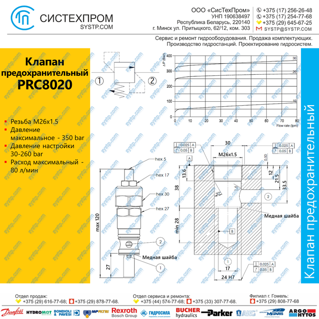 PRC8020 Клапан предохранительный, 80 л/мин, M26x1.5