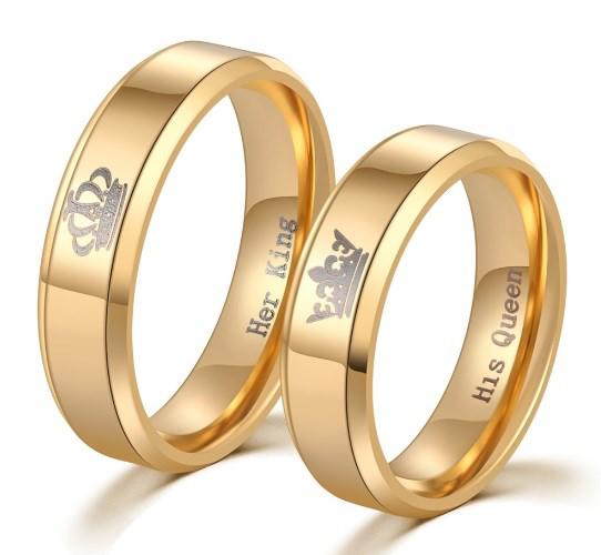 Парные кольца для влюбленных "Королевские короны Gold" с гравировкой: "Его Королева - Ее Король"