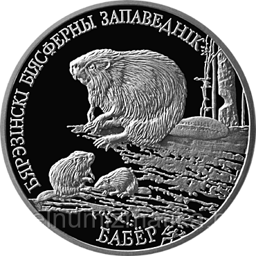 Березенский биосферный заповедник. Бобр. Серебро 20 рублей 2002