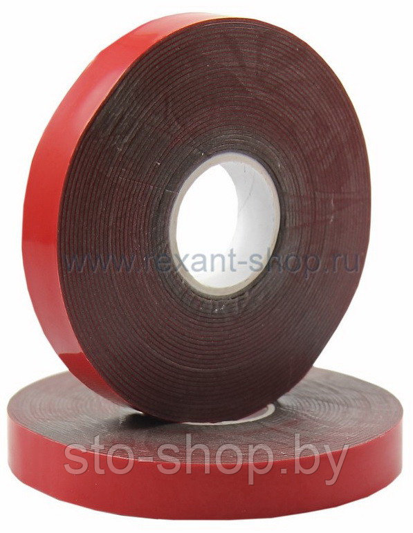 Скотч двухсторонний узкий серый на красной ленте из НВА материалов 6мм х 5м Rexant - фото 1 - id-p75911959