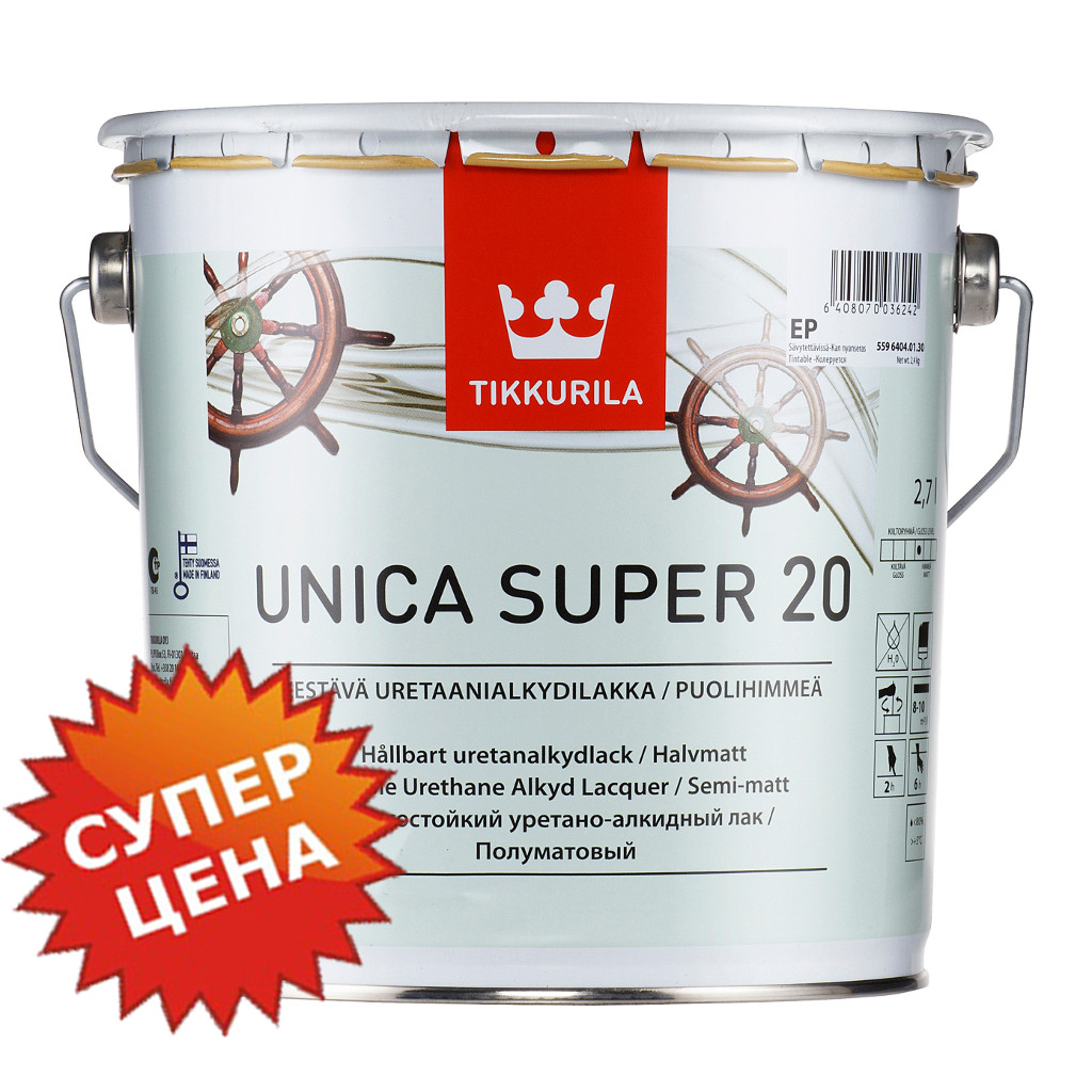 Tikkurila Unica Super 20 EP, 9л - Полуматовый лак для деревянных поверхностей | Тиккурила Уника Супер 20 - фото 1 - id-p76196528