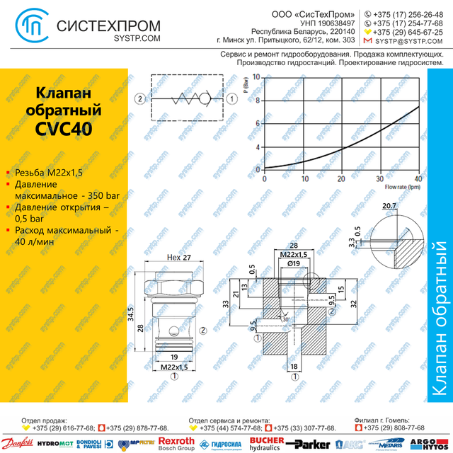 CVC40 Клапан обратный M22x1,5, 40 л/мин