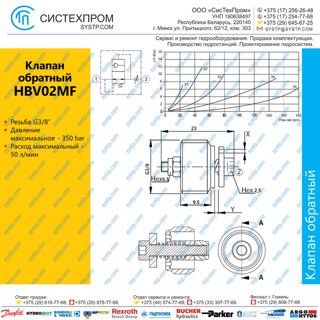 HBV02MF Клапан обратный G3/8, 50 л/мин