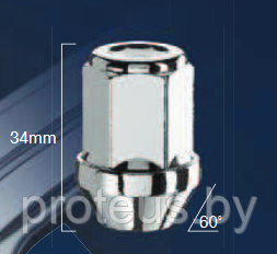 Гайка М12х1.5. Высота 34мм. Хром + гальванич. покрытие. Конус. Ключ 19.
