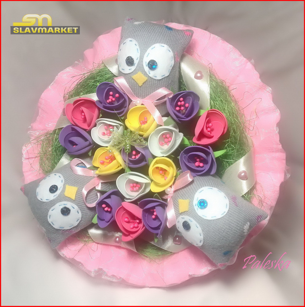 Букет из мягких игрушек (совы), Р0316, розовый