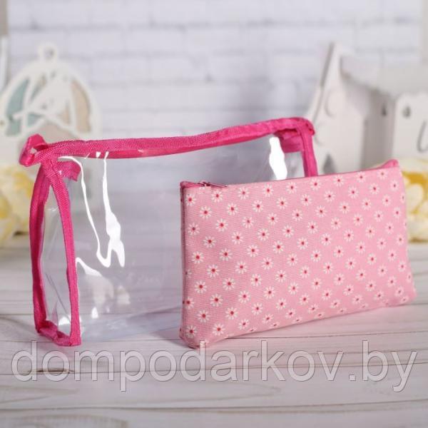 Косметички набор 2 в 1 Цветы, 20*5*13см, 19*2*10см, отдел на молнии, малиновый