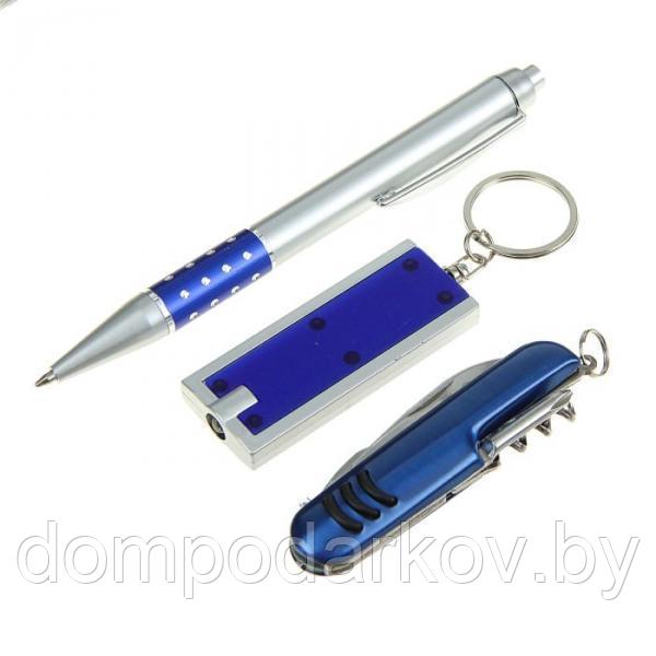 Набор подарочный 3в1 в блистере (ручка+брелок-фонарик прям+нож 5в1) синий 9*16см - фото 2 - id-p76561458
