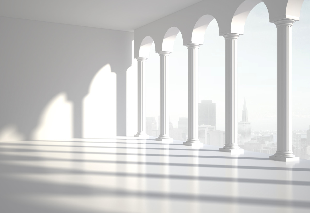 Фотообои  с изображением 3D интерьера белого с колоннами и окнами