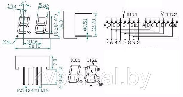 Индикатор светодиодный двухразрядный HGC4023HB / 20х16 красный, общий катод, 10 контактов - фото 2 - id-p77300821