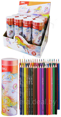 Цветные карандаши Deli 36 шт. трехгранные в металлическом пенале