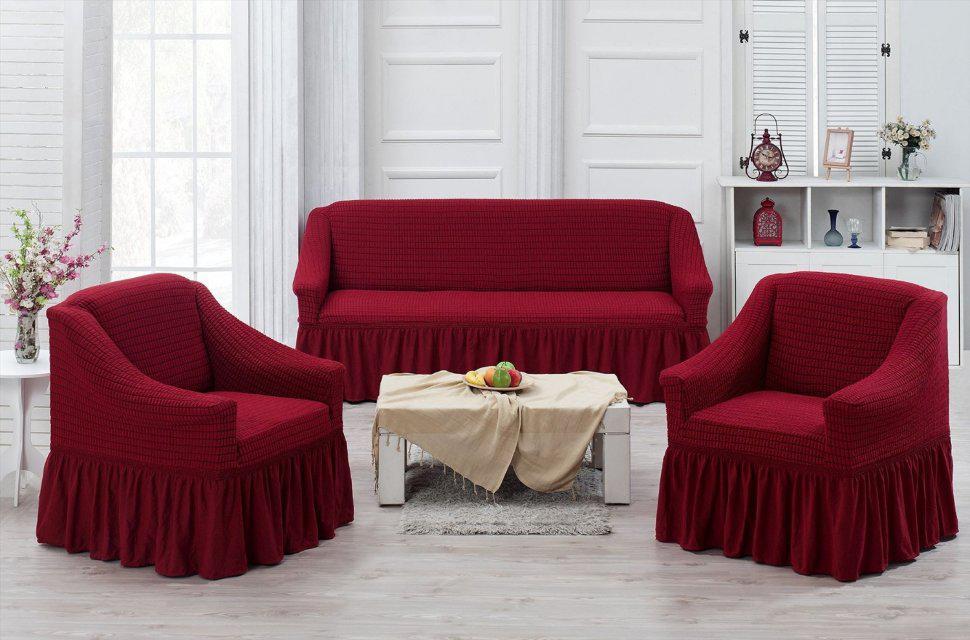Чехол на диван 3х местный либо  2х местный + 2 кресла "Бордовый"