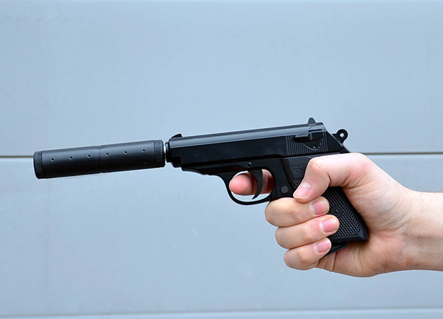 Игрушечный пневматический металлический пистолет с глушителем Airsoft Gun V7+ - фото 1 - id-p77800505