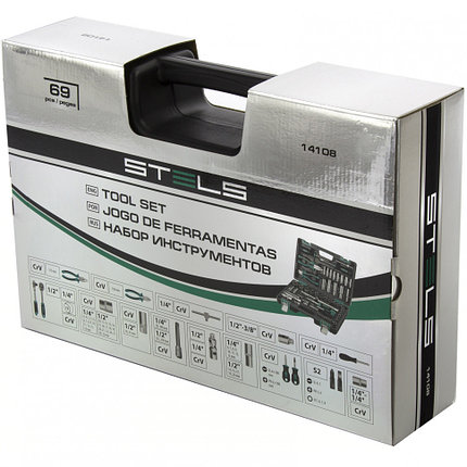 Набор инструментов, 1/2", 1/4", CrV, пластиковый кейс 69 предм. STELS, фото 2