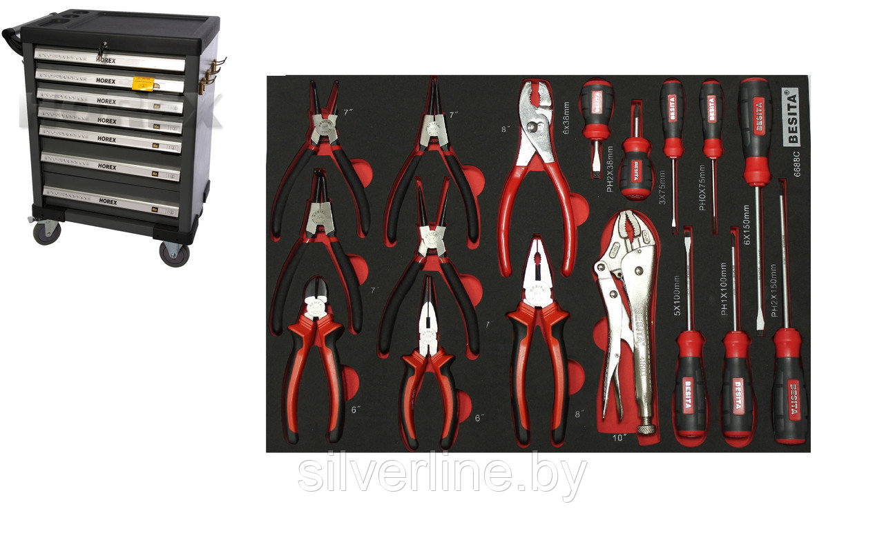 Тележка для инструмента Horex (7ящиков) +набор плоскогубцев и отверток TS05, 17 предметов
