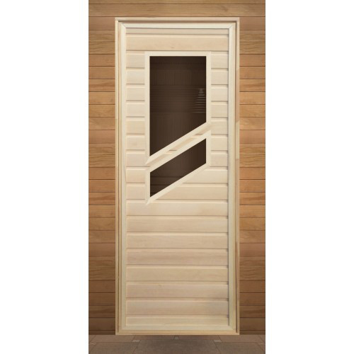 Дверь деревянная для бани 1900х700мм с 2-мя косыми стеклами (кор. осина или хвоя)