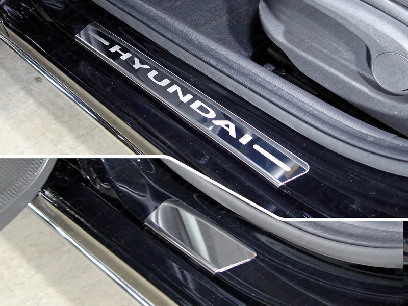 Накладки на пороги (лист зеркальный надпись Hyundai) 4 шт (SD) HYUNDAI Solaris "17- - фото 1 - id-p80230476