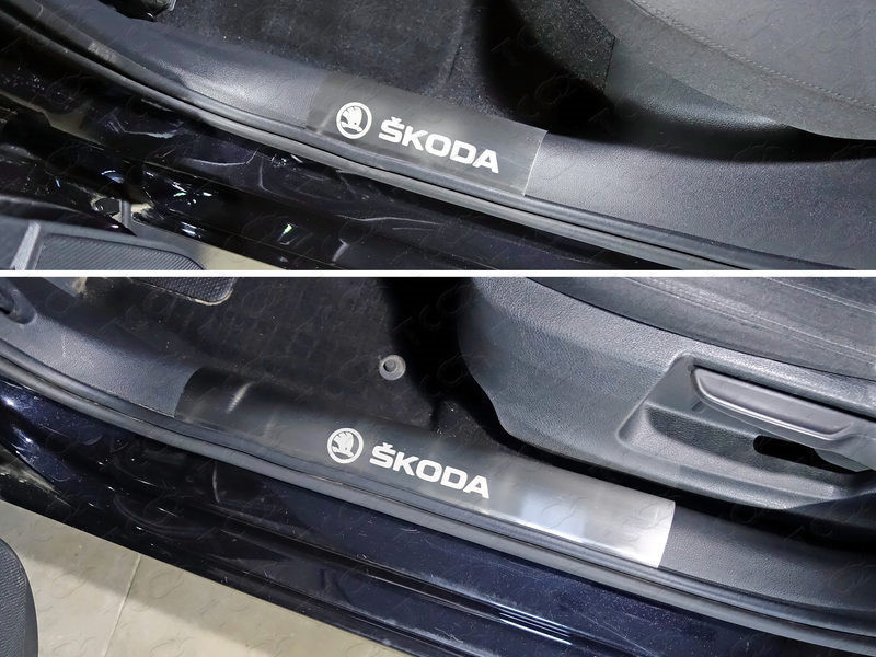 Накладки на пластиковые пороги (лист шлифованный надпись Skoda) SKODA Octavia "13- - фото 1 - id-p80230537