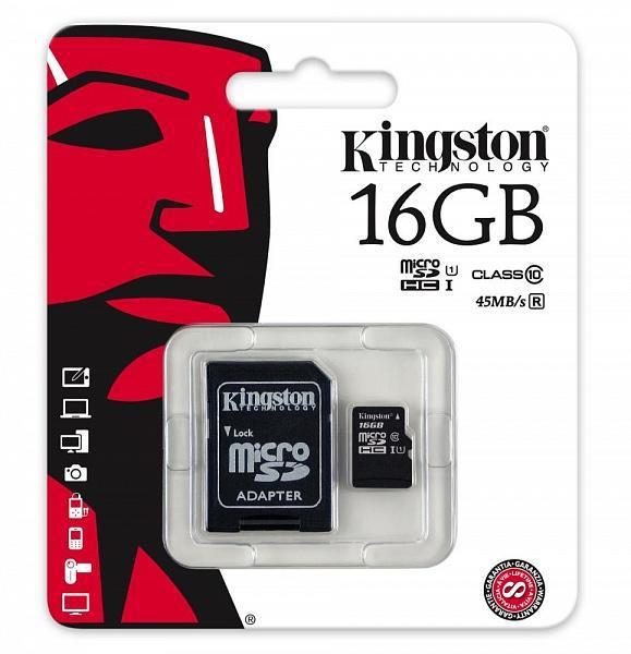 Карта памяти KINGSTON 16GB microSDHC + адаптер Class 10 (SDC10G2/16GB)