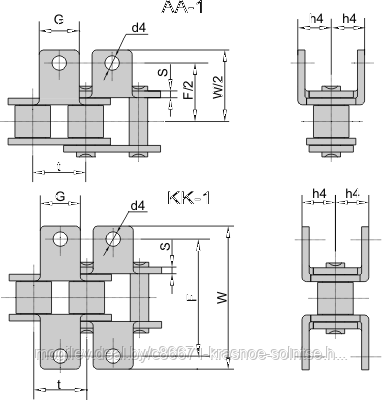 Цепь приводная специальная со специальным контуром пластин AA-1, KK-1 DIN/ISO 08А