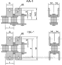 Цепь приводная специальная со специальным контуром пластин AA-1, KK-1 DIN/ISO 08А