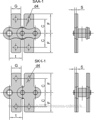 Цепь приводная специальная со специальным контуром пластин SAA-1, SKK-1 DIN/ISO 08А
