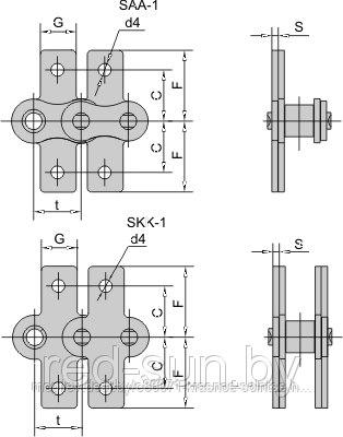 Цепь приводная специальная со специальным контуром пластин SAA-1, SKK-1 DIN/ISO 16В