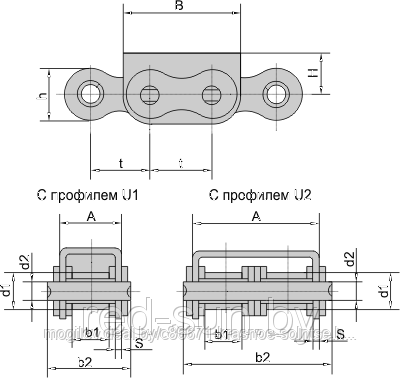 Цепь приводная специальная со специальным контуром пластин  ISO 12B-U1