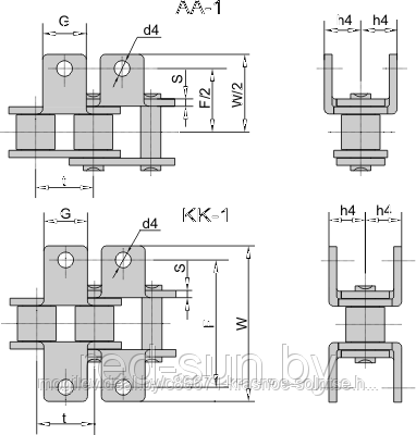 Цепь приводная специальная со специальным контуром пластин AA-1, KK-1 ПР-15,875-23