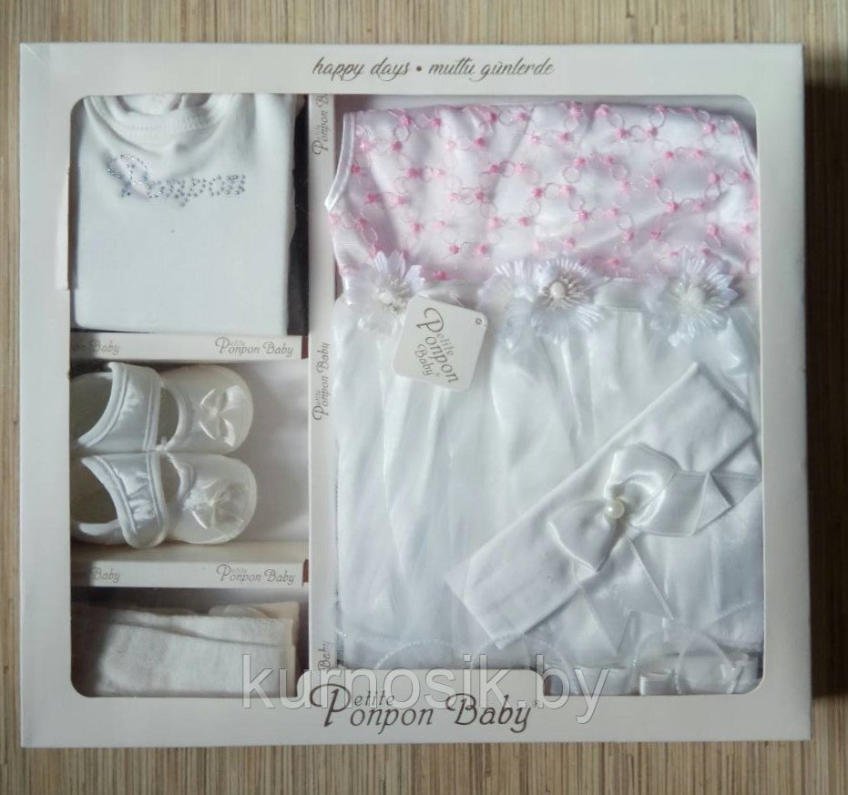 Комплект крестильный для девочки 5 пр. "Розовый сон" р.62-68 в подарочной коробке - фото 1 - id-p81111372
