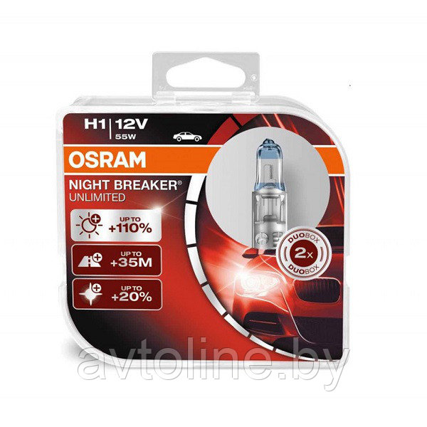 Автомобильная лампа H1 Osram Night Breaker Unlimited +110% 64150NBU-HCB (комплект 2 шт), фото 1