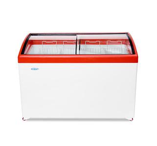 Ларь морозильный СНЕЖ МЛГ-400 с гнутым стеклом, пластиковая окантовка красного цвета