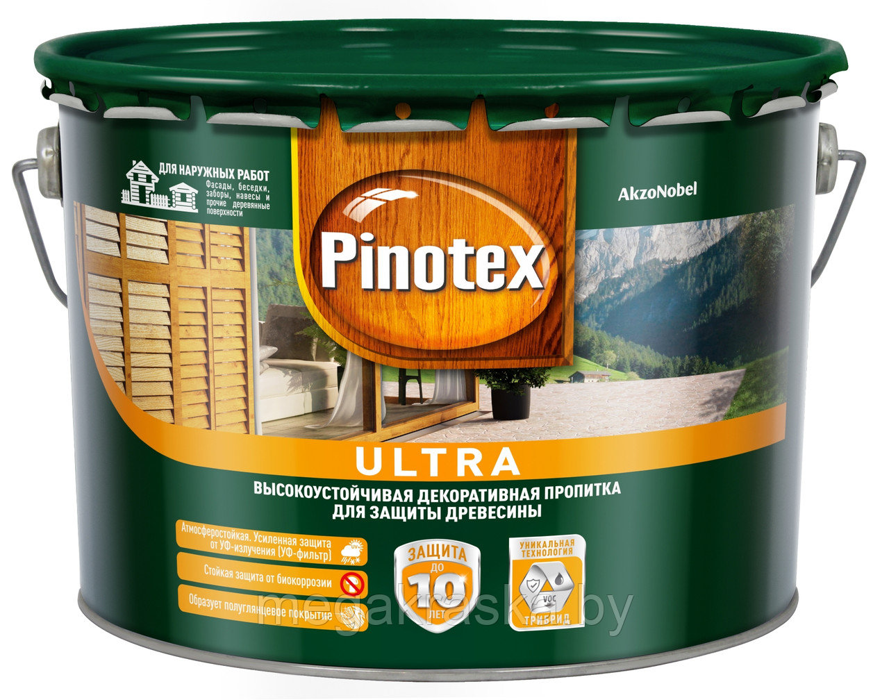 Состав защитный, декоративный для древесины (пропитка) "Pinotex Ultra" (бесцветная+цветная) 10л.