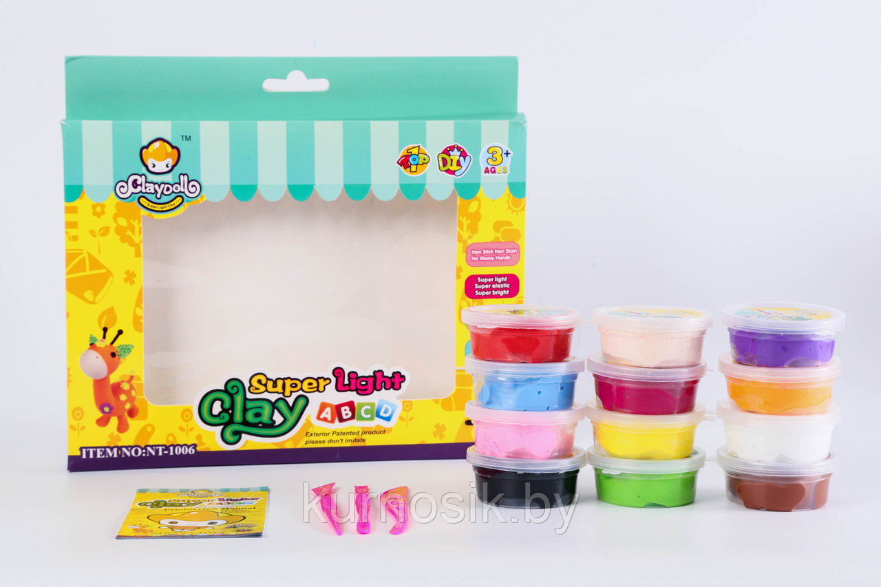 Супер легкий пластилин для лепки (легкая глина) PlayDoll 12 цвета в баночках (NT7704) - фото 1 - id-p82780280