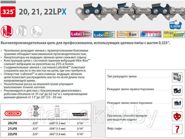 Цепь 38 см 15"" 0.325"" 1.3 мм 64 зв. 20LPX OREGON (затачиваются напильником 4.8 мм, для проф. интен