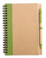 Блокнот из переработанной бумаги формата А5 с ручкой, зеленый
