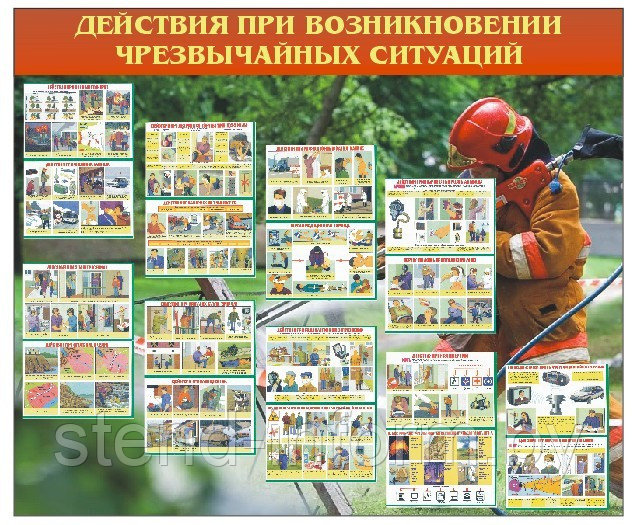 Стенд "Действия при возникновении чрезвычайных ситуаций "(р-р 110*110 см )