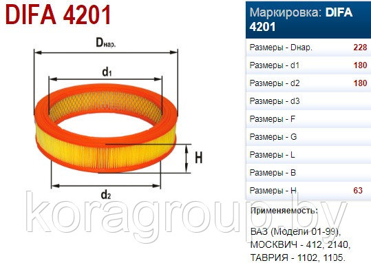 Элемент фильтрующий очистки воздуха DIFA 4201