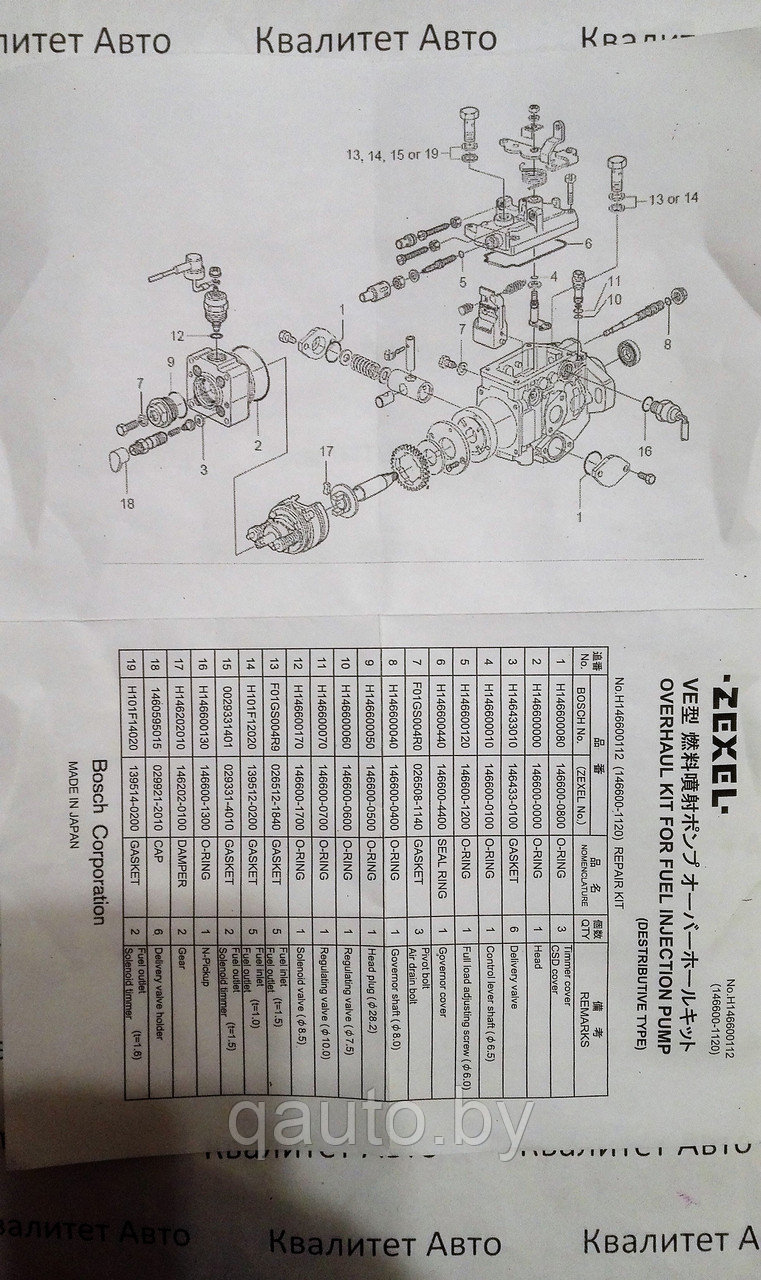 Ремкомплект ТНВД ISUZU, NISSAN, MITSUBISHI, MAZDA Zexel H146600112 9461610423 146600-1120 - фото 4 - id-p65470443