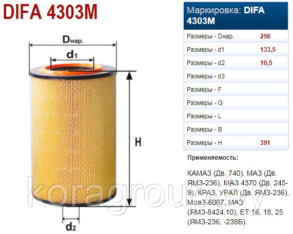 Элемент фильтрующий очистки воздуха DIFA 4303M - фото 2 - id-p51441033