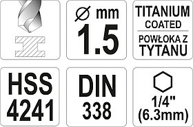 Сверло по металлу HSS-TIN 1,5 мм с хвостовиком HEX  ( 1  шт.) "Yato" YT-44750, фото 2